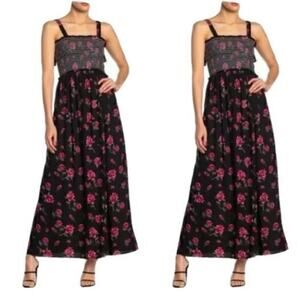 Angie Black Floral Smocked Maxi Tie Strap Dress